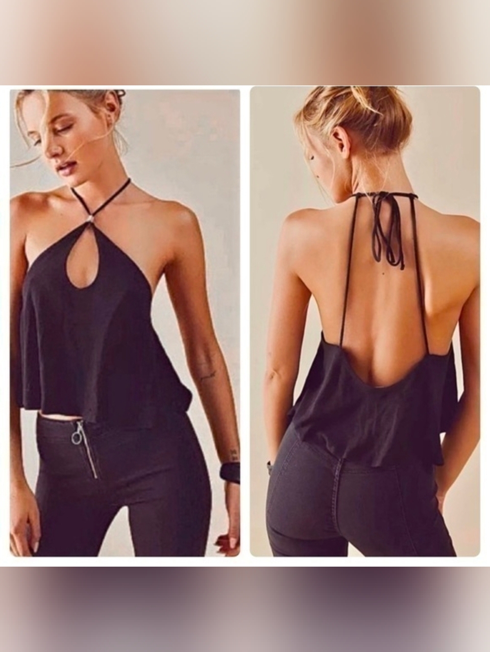Free People Long Weekend Halter Top Black Keyhole Linen Blend Crop Tank Large